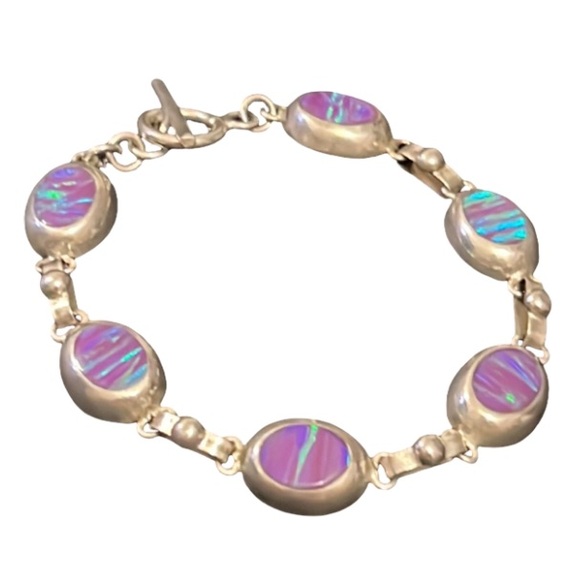 Vintage Sterling Silver Purple Opal Crystal Inlay Oval Link Toggle Bracelet - Picture 3 of 7